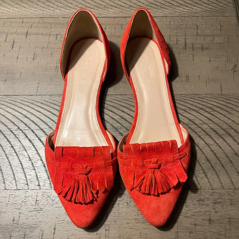 J. Crew Orange Suede Tassel Pointed Toe D'Orsay Flats - Picture 1 of 6